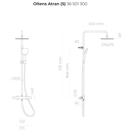 Oltens - kolumna prysznicowa ATRAN (S) termostatyczna z deszcownicą kwadratową czarny mat [36501300]