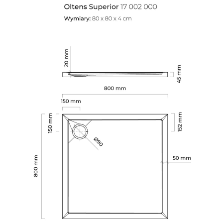 Oltens - brodzik kwadratowy SUPERIOR 80 x 80 niski 4.5 cm [17002000]