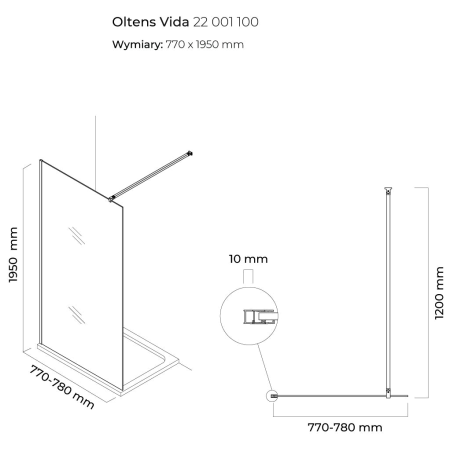 Oltens - ścianka/kabina walk-in VIDA 80 cm okucia chrom [22001100]