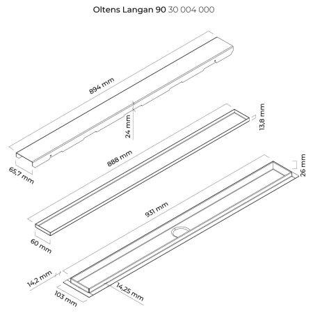 Oltens - odpływ liniowy LANGAN 90 cm z rusztem odwracalnym stal (do wklejenia płytki) [30004000]
