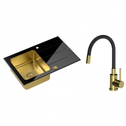 Quadron - zlewozmywak wpuszczany szklany FORD 111 blat czarny / komora złota z baterią MAGGIE cm złoto szczotkowane / czarny