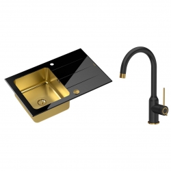 Quadron - zlewozmywak wpuszczany szklany FORD 111 blat czarny / komora złota odwracalny z baterią INGRID Qline czarny mat / złoto szczotkowane 34 cm