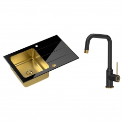 Quadron - zlewozmywak wpuszczany szklany FORD 111 blat czarny / komora złota odwracalny z baterią NATALIE Qline czarny mat / złoto szczotkowane 34 cm