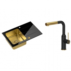 Quadron - zlewozmywak wpuszczany szklany FORD 111 blat czarny / komora złota odwracalny z baterią ANGELINA Qline czarny mat / złoto szczotkowane 31 cm
