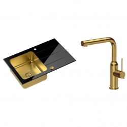 Quadron - zlewozmywak wpuszczany szklany FORD 111 blat czarny / komora złota odwracalny z baterią ANGELINA Qline złoto szczotkowane 31 cm