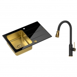 Quadron - zlewozmywak wpuszczany szklany FORD 111 blat czarny / komora złota odwracalny z baterią JESSICA Qline czarny mat / złoto szczotkowane 47 cm