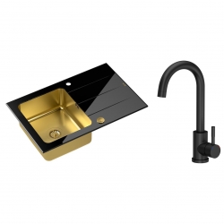 Quadron - zlewozmywak wpuszczany szklany FORD 111 blat czarny / komora złota z baterią KATE czarny mat