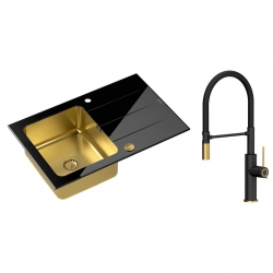 Quadron - zlewozmywak wpuszczany szklany FORD 111 blat czarny / komora złota odwracalny z baterią GEMMA Qline czarny mat / złoto szczotkowane 50 cm