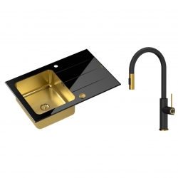 Quadron - zlewozmywak wpuszczany szklany FORD 111 blat czarny / komora złota odwracalny z baterią JENNIFER Qline czarny mat / złoto szczotkowane 46 cm