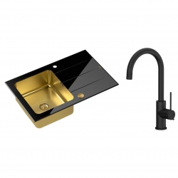 Quadron - zlewozmywak wpuszczany szklany FORD 111 blat czarny / komora złota odwracalny z baterią JODIE Qline czarny mat 35.5 cm