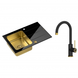 Quadron - zlewozmywak wpuszczany szklany FORD 111 blat czarny / komora złota odwracalny z baterią JODIE Qline czarny mat / złoto szczotkowane 35.5 cm