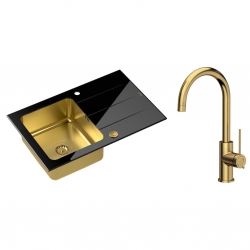 Quadron - zlewozmywak wpuszczany szklany FORD 111 blat czarny / komora złota odwracalny z baterią JODIE Qline złoto szczotkowane 35.5 cm