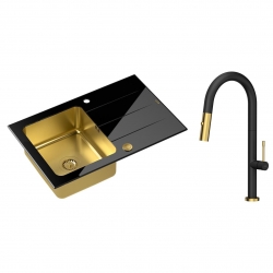 Quadron - zlewozmywak wpuszczany szklany FORD 111 blat czarny / komora złota odwracalny z baterią FELICITY Tline czarny mat / złoto szczotkowane 44 cm
