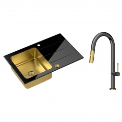 Quadron - zlewozmywak wpuszczany szklany FORD 111 blat czarny / komora złota odwracalny z baterią FELICITY Tline graphite metal / złoto szczotkowane 4