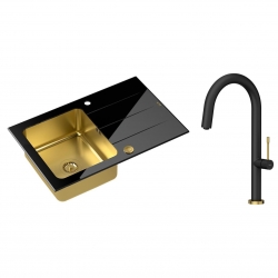 Quadron - zlewozmywak wpuszczany szklany FORD 111 blat czarny / komora złota odwracalny z baterią HALEY Tline czarny mat / złoto szczotkowane 40 cm