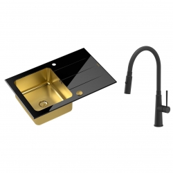 Quadron - zlewozmywak wpuszczany szklany FORD 111 blat czarny / komora złota z baterią GINA czarny mat