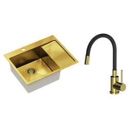 Quadron - zlewozmywak wpuszczany stalowy RUSSEL 116 złoty szczotkowany lewy z baterią MAGGIE cm złoto szczotkowane / czarny