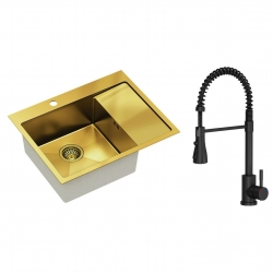 Quadron - zlewozmywak wpuszczany stalowy RUSSEL 116 złoty szczotkowany lewy z baterią SALMA czarny mat