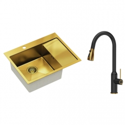 Quadron - zestaw zlewozmywak wpuszczany RUSSEL 116 złoty szczotkowany z baterią JESSICA Q LINE złoto szczotkowane/czarny mat z wyciąganą wylewką 2-str