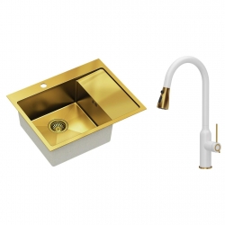 Quadron - zestaw zlewozmywak wpuszczany RUSSEL 116 złoty szczotkowany z baterią JESSICA Q LINE złoto szczotkowane/biały mat z wyciąganą wylewką 2-stru