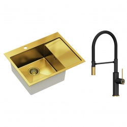Quadron - zlewozmywak wpuszczany stalowy RUSSEL 116 złoty szczotkowany lewy z baterią GEMMA Qline czarny mat / złoto szczotkowane