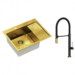 Quadron - zlewozmywak wpuszczany stalowy RUSSEL 116 złoty szczotkowany lewy z baterią MARGOT Tline czarny mat / złoto szczotkowane