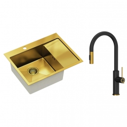 Quadron - zlewozmywak wpuszczany stalowy RUSSEL 116 złoty szczotkowany lewy z baterią JENNIFER Qline czarny mat / złoto szczotkowane
