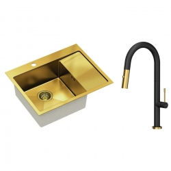 Quadron - zlewozmywak wpuszczany stalowy RUSSEL 116 złoty szczotkowany lewy z baterią FELICITY Tline czarny mat / złoto szczotkowane