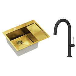 Quadron - zlewozmywak wpuszczany stalowy RUSSEL 116 złoty szczotkowany lewy z baterią HALEY Tline czarny mat 40 cm