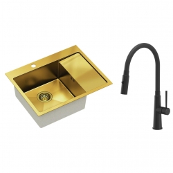 Quadron - zlewozmywak wpuszczany stalowy RUSSEL 116 złoty szczotkowany lewy z baterią GINA czarny mat