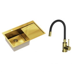 Quadron - zlewozmywak wpuszczany stalowy RUSSEL 111 złoty szczotkowany lewy z baterią MAGGIE cm złoto szczotkowane / czarny