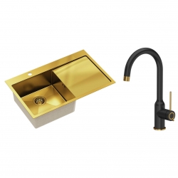 Quadron - zlewozmywak wpuszczany stalowy RUSSEL 111 złoty szczotkowany lewy z baterią INGRID Qline czarny mat / złoto szczotkowane 34 cm