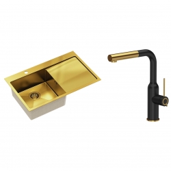 Quadron - zlewozmywak wpuszczany stalowy RUSSEL 111 złoty szczotkowany lewy z baterią ANGELINA Qline czarny mat / złoto szczotkowane 31 cm