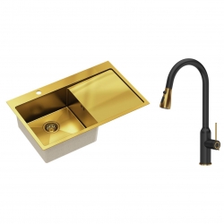 Quadron - zlewozmywak wpuszczany stalowy RUSSEL 111 złoty szczotkowany lewy z baterią JESSICA Qline czarny mat / złoto szczotkowane 47 cm