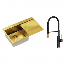 Quadron - zlewozmywak wpuszczany stalowy RUSSEL 111 złoty szczotkowany lewy z baterią GEMMA Qline czarny mat / złoto szczotkowane 50 cm