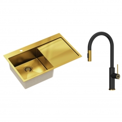 Quadron - zlewozmywak wpuszczany stalowy RUSSEL 111 złoty szczotkowany lewy z baterią JENNIFER Qline czarny mat / złoto szczotkowane 46 cm