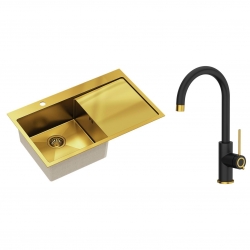 Quadron - zlewozmywak wpuszczany stalowy RUSSEL 111 złoty szczotkowany lewy z baterią JODIE Qline czarny mat / złoto szczotkowane 35.5 cm