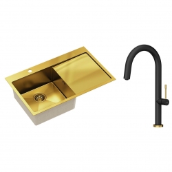Quadron - zlewozmywak wpuszczany stalowy RUSSEL 111 złoty szczotkowany lewy z baterią HALEY Tline czarny mat / złoto szczotkowane 40 cm