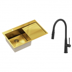 Quadron - zlewozmywak wpuszczany stalowy RUSSEL 111 złoty szczotkowany lewy z baterią GINA czarny mat