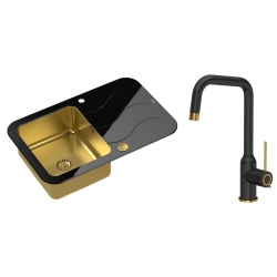 Quadron - zlewozmywak wpuszczany szklany GLEN 211 blat czarny / komora złota odwracalny z baterią NATALIE Qline czarny mat / złoto szczotkowane 34 cm