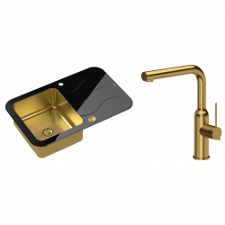 Quadron - zlewozmywak wpuszczany szklany GLEN 211 blat czarny / komora złota odwracalny z baterią ANGELINA Qline złoto szczotkowane 31 cm