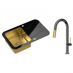 Quadron - zlewozmywak wpuszczany szklany GLEN 211 blat czarny / komora złota odwracalny z baterią FELICITY Tline graphite metal / złoto szczotkowane 4