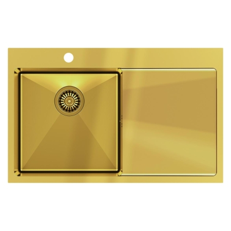 Quadron - zlewozmywak wpuszczany stalowy RUSSEL 111 złoty szczotkowany lewy z baterią INGRID Qline złoto szczotkowane 34 cm