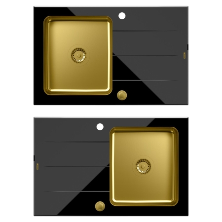 Quadron - zlewozmywak wpuszczany szklany FORD 111 blat czarny / komora złota odwracalny z baterią INGRID Qline złoto szczotkowane 34 cm