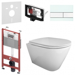 Zestaw WC podtynkowy Rak RESORT Rimless + deska SLIM + stelaż TECEbase + SQUARE szkło zielony/biały + pojemnik na kostkę + mata