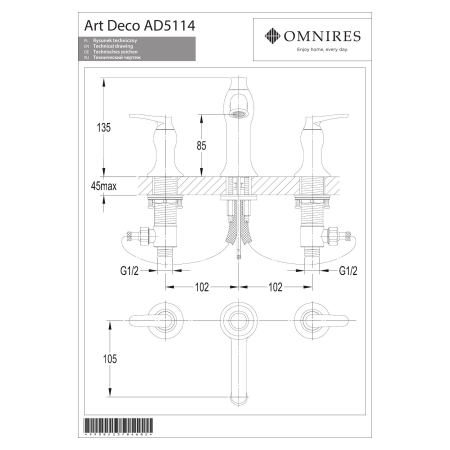 Omnires - bateria umywalkowa 3-otworowa ART DECO, chrom [AD5114CR]