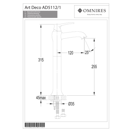 Omnires - bateria umywalkowa wysoka z korkiem klik-klak ART DECO, brąz antyczny [AD5112/1BR]