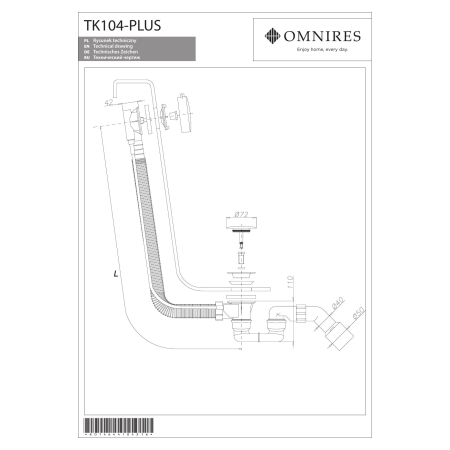 Omnires - syfon wannowy przelewowo-odpływowy CGS, chrom [TK104-PLUS-3.01+64-SCR]