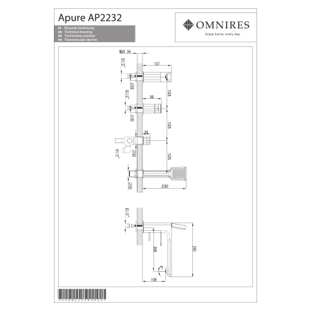Omnires - bateria wannowa 4-otworowa APURE, chrom [AP2232CR]