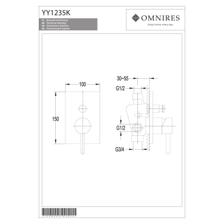 Omnires - bateria wannowa podtynkowa Y, chrom [Y1235/KCR]